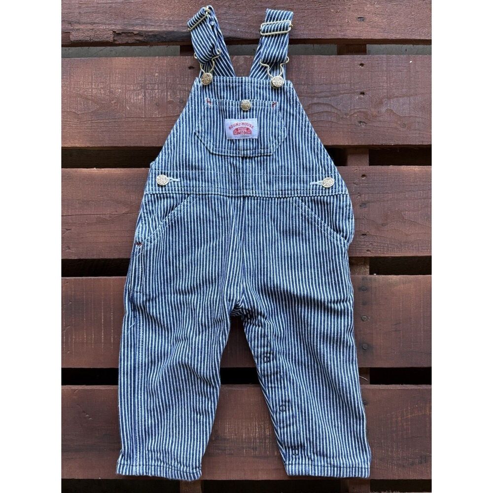 Round House Brand Baby Bib Overalls 24M Hickory Stripe 100% Cotton Brass Hook